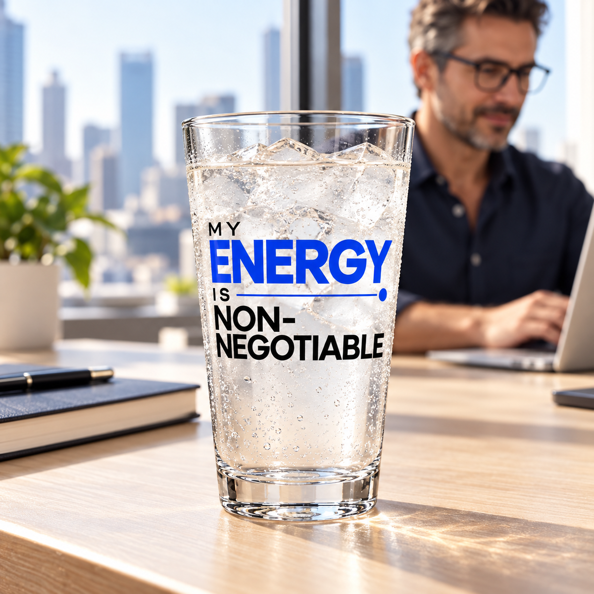 My energy is non-negotiable. Modern & Minimalist pint glass with a man working in a sunny office