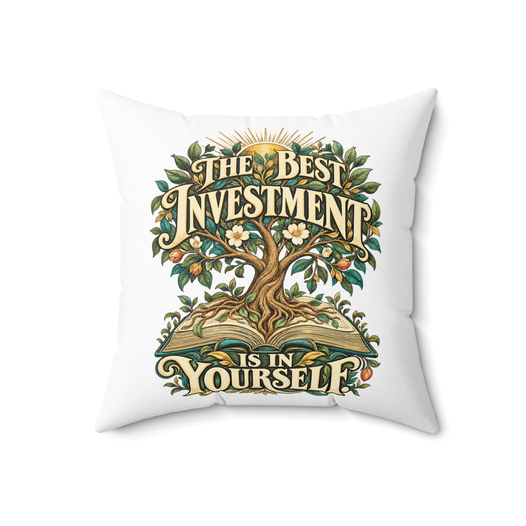 The Best Investment Is In Yourself — Inspirational & Artistic, white pillow — 20-inch front
