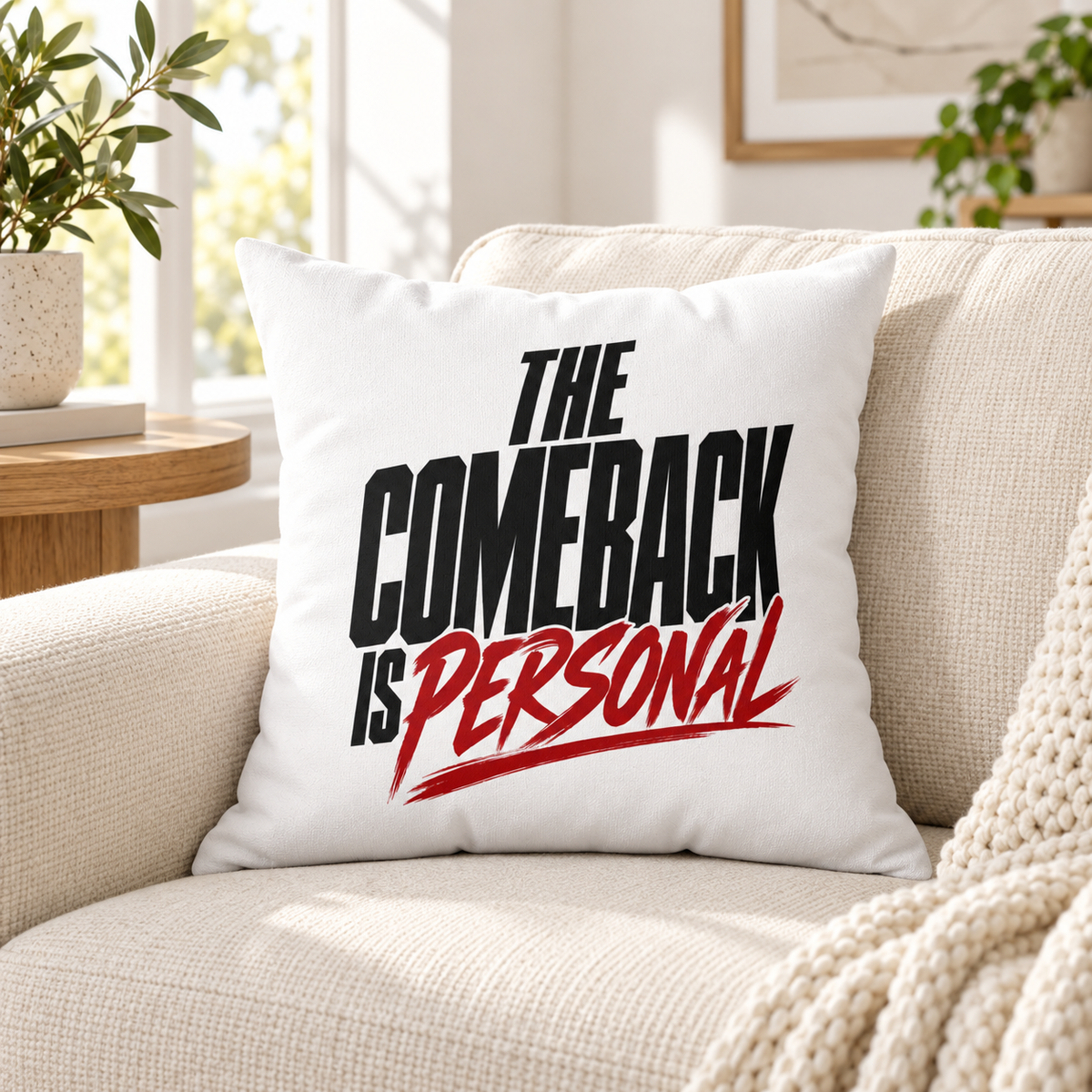 The Comeback Is Personal. — Simple & Direct, white pillow — lifestyle