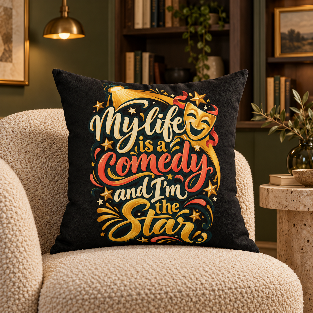 Black Inspirational & Artistic My Life Is A Comedy And I'm The Star pillow — lifestyle room setting