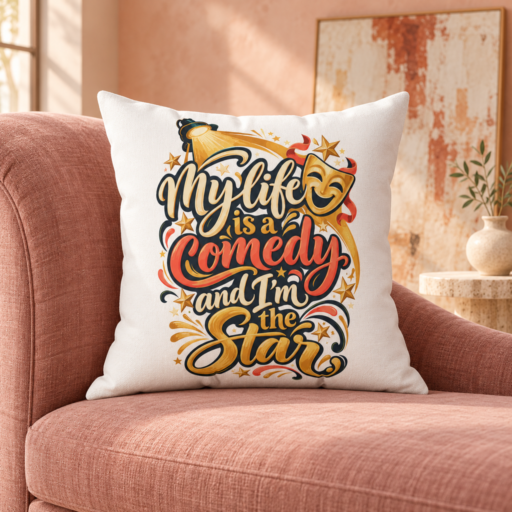 White Inspirational & Artistic My Life Is A Comedy And I'm The Star pillow — lifestyle room setting