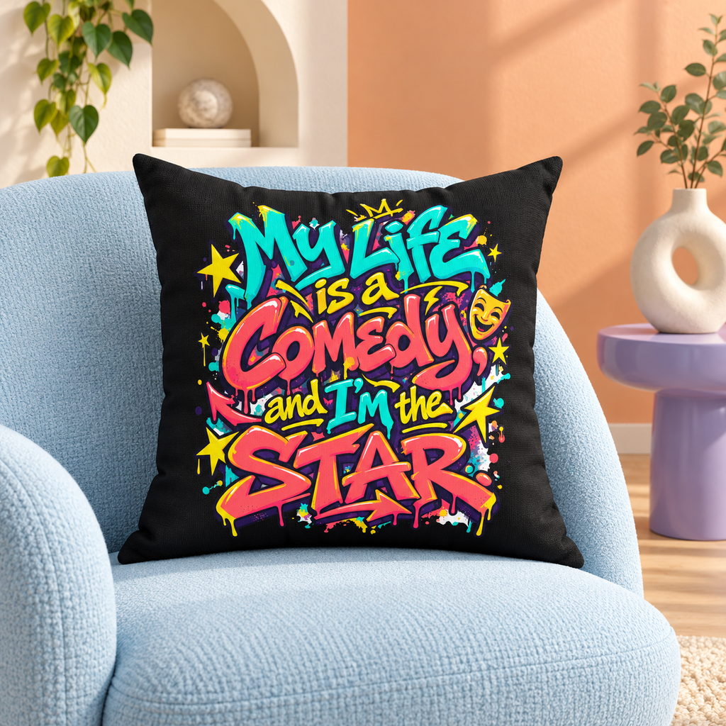 Black Graffiti & Street Art My Life Is A Comedy And I'm The Star pillow — lifestyle room setting