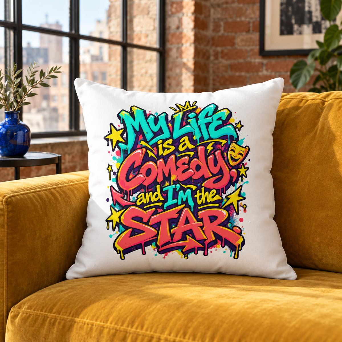 White Graffiti & Street Art My Life Is A Comedy And I'm The Star pillow — lifestyle room setting