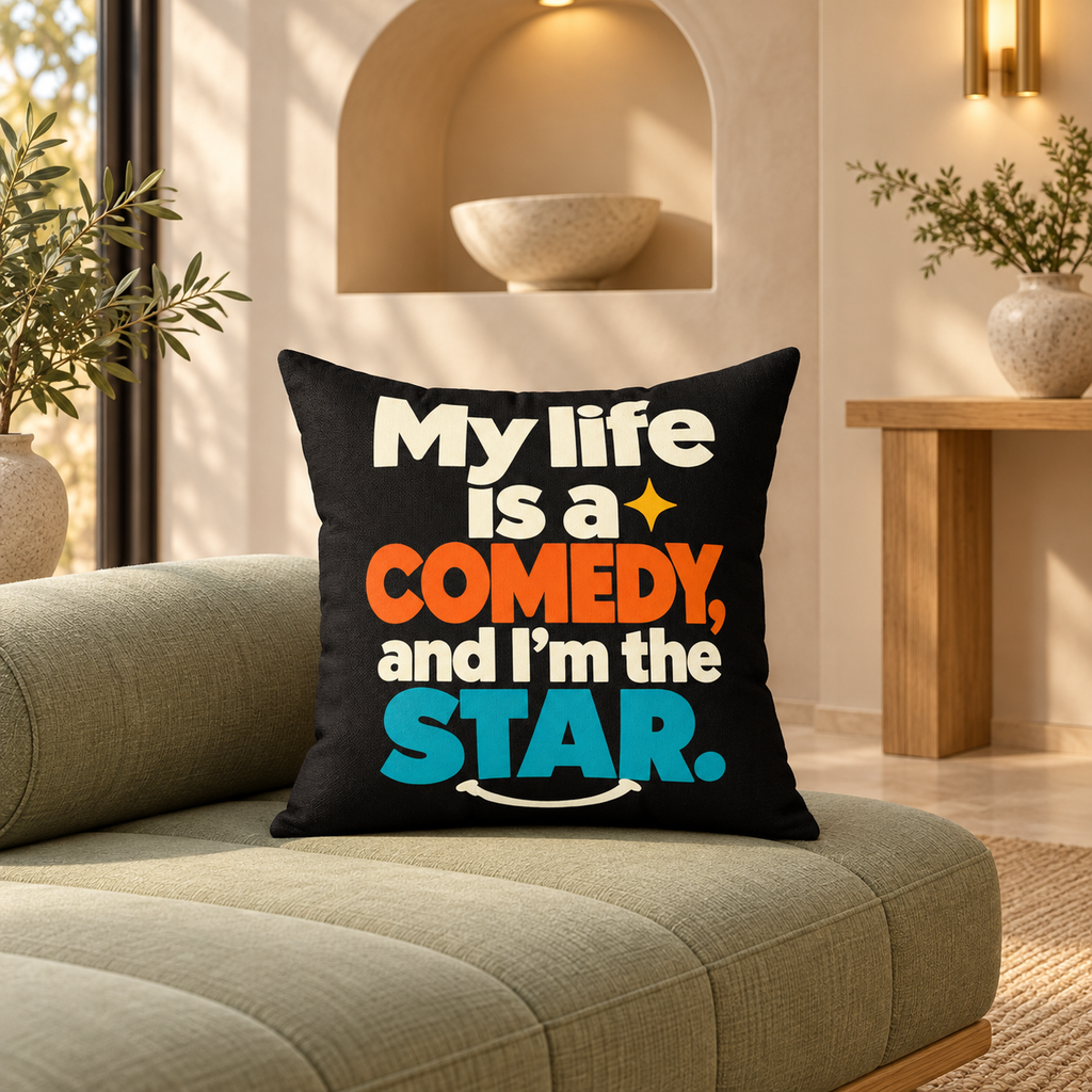 Black Modern & Minimalist My Life Is A Comedy And I'm The Star pillow — lifestyle room setting