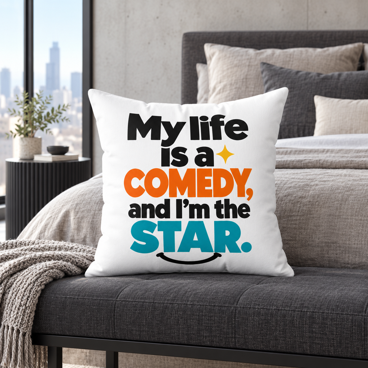 White Modern & Minimalist My Life Is A Comedy And I'm The Star pillow — lifestyle room setting