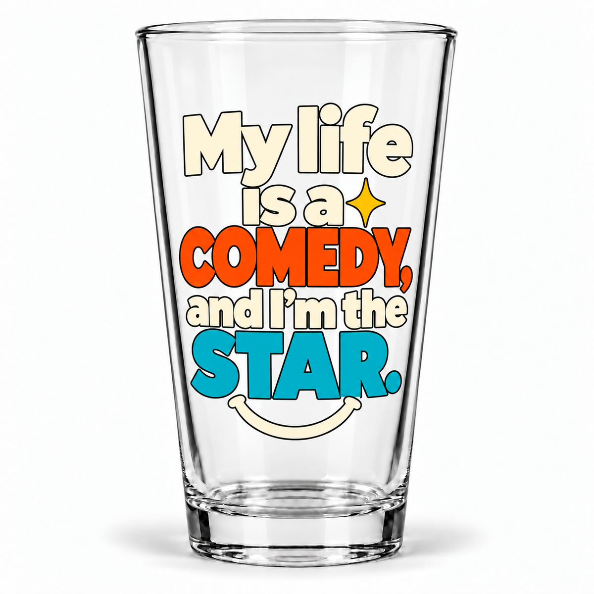 Modern & Minimalist — clear 16 oz Comedy pint glass