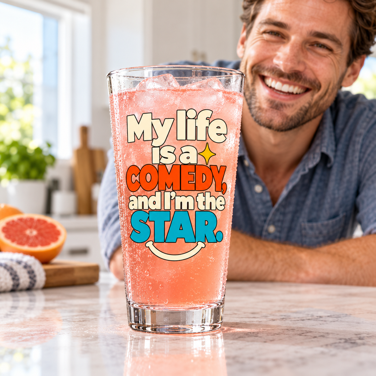 Modern & Minimalist — Comedy pint glass cold drink lifestyle