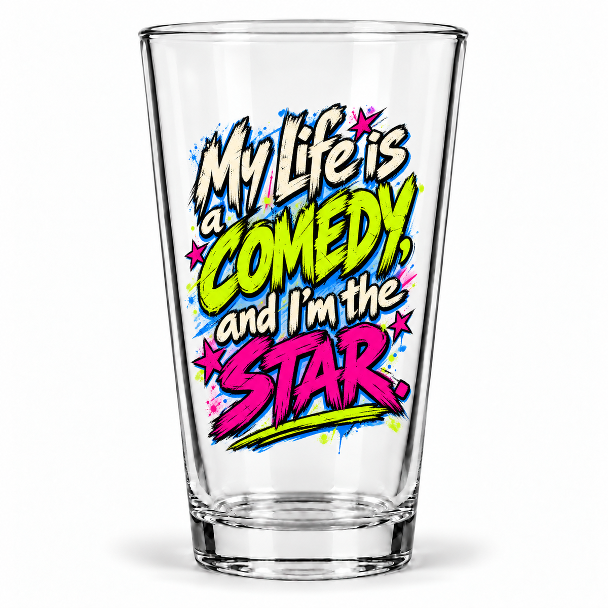 Grunge & Vibrant — clear 16 oz Comedy pint glass