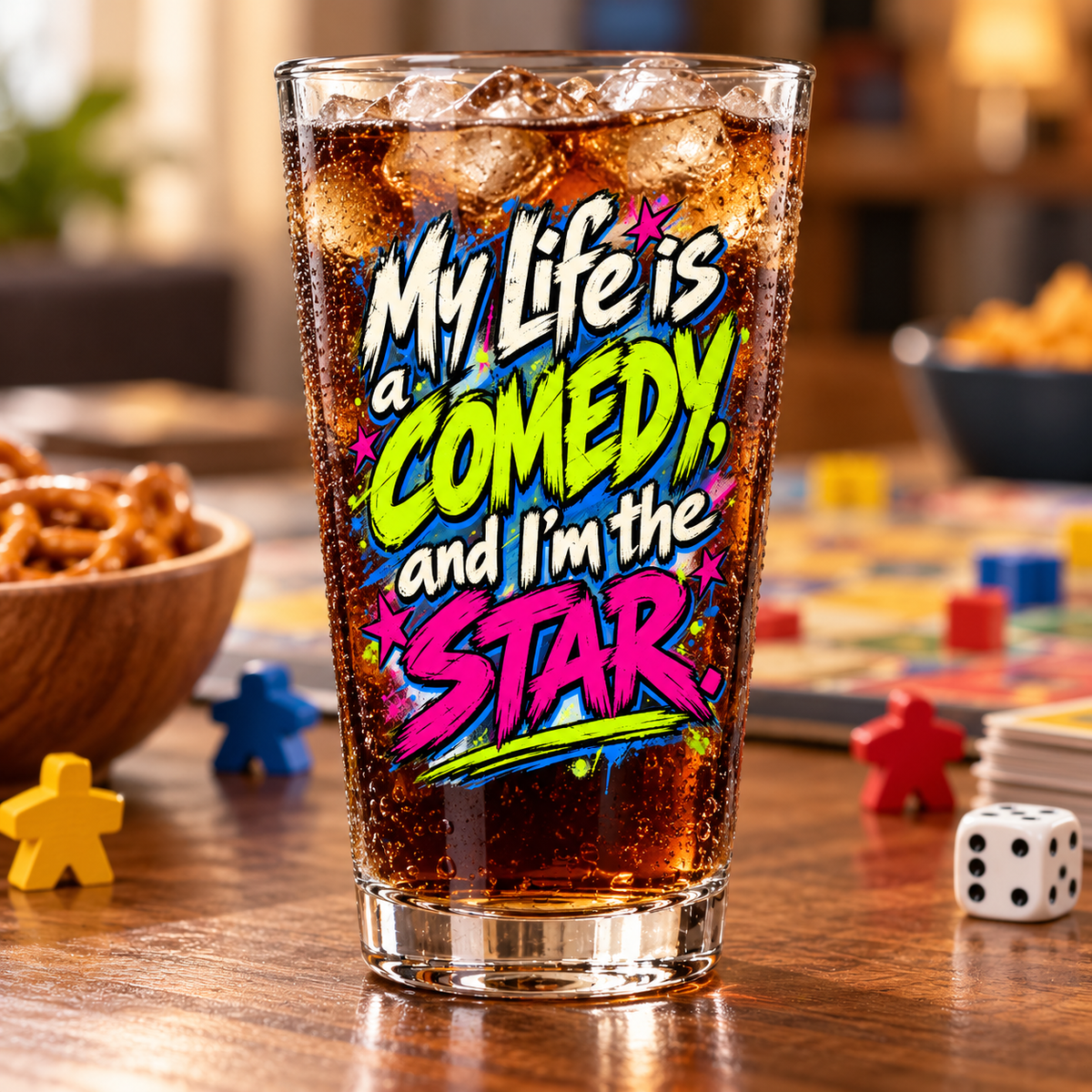 Grunge & Vibrant — Comedy pint glass cold drink lifestyle