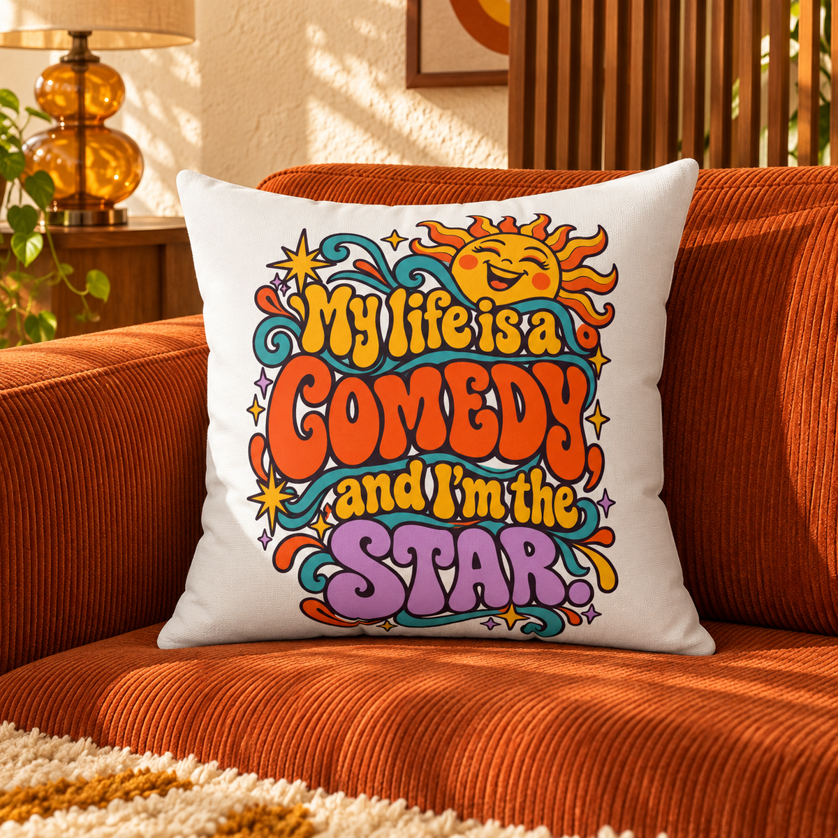 My Life Is A Comedy And I'm The Star. White Retro & Psychedelic pillow — lifestyle setting