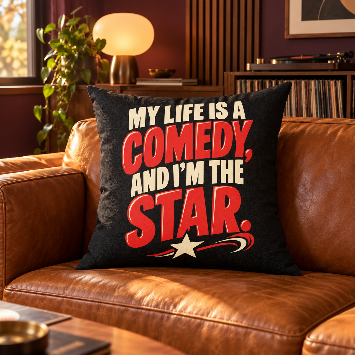 Black Simple & Direct My Life Is A Comedy And I'm The Star pillow — lifestyle room setting