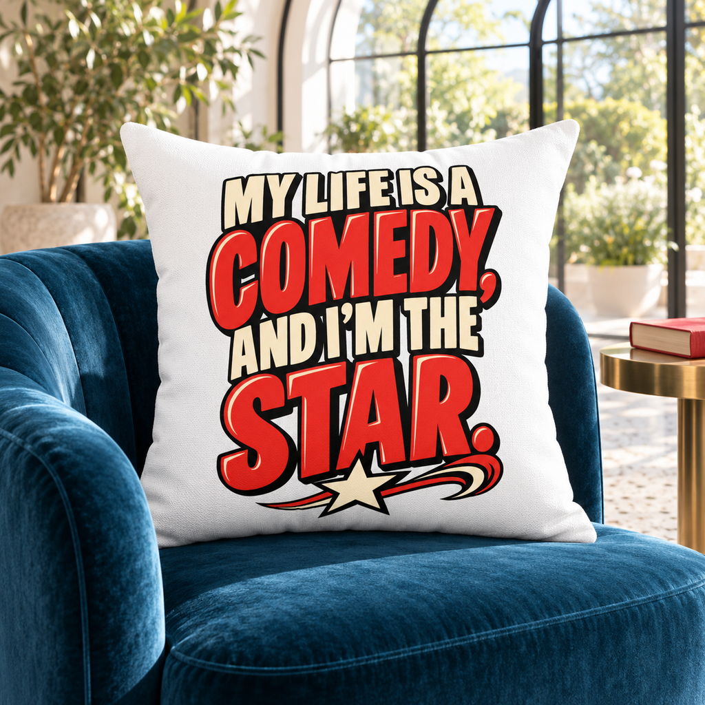 White Simple & Direct My Life Is A Comedy And I'm The Star pillow — lifestyle room setting
