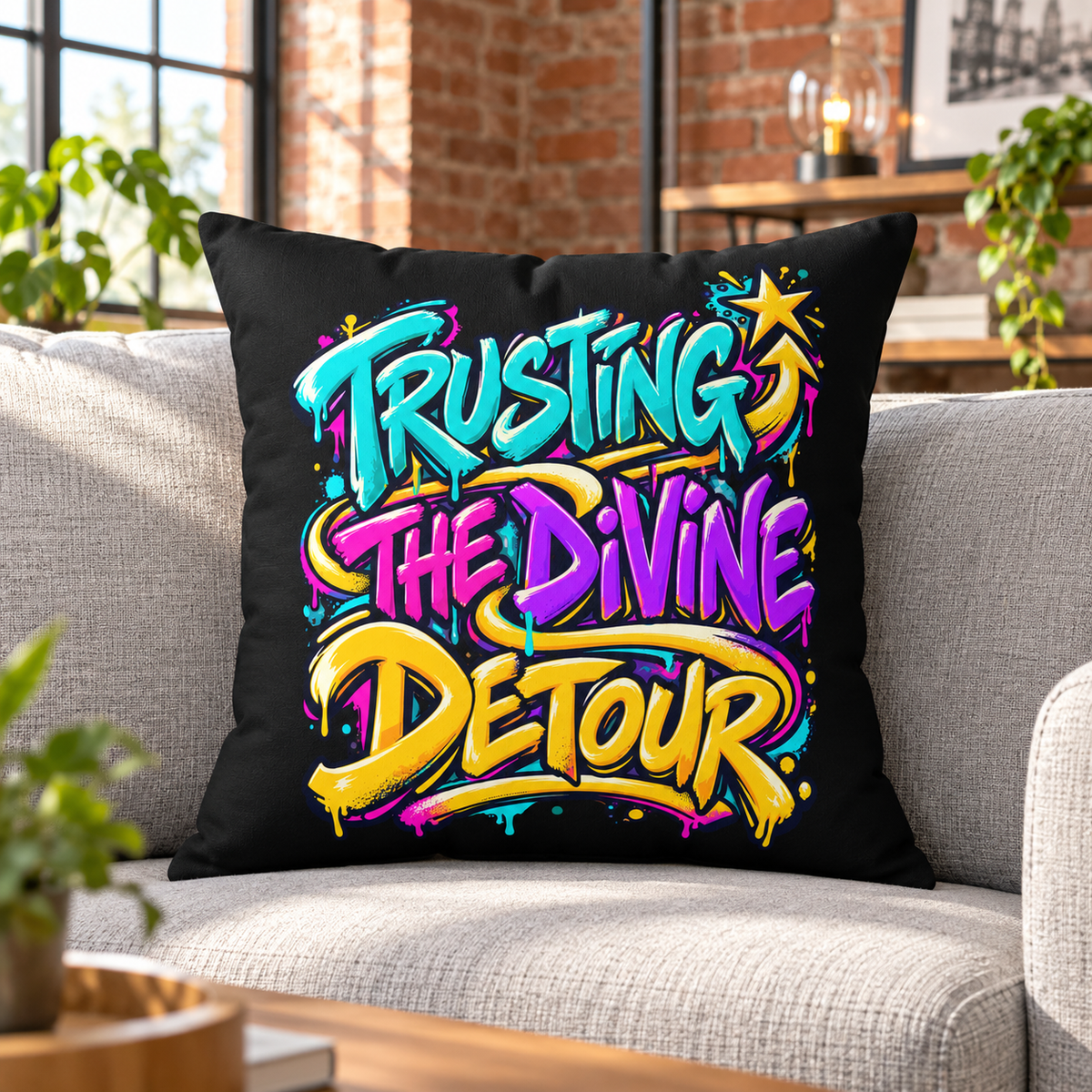 Trusting the divine detour. — graffiti-street-art — black pillow — lifestyle