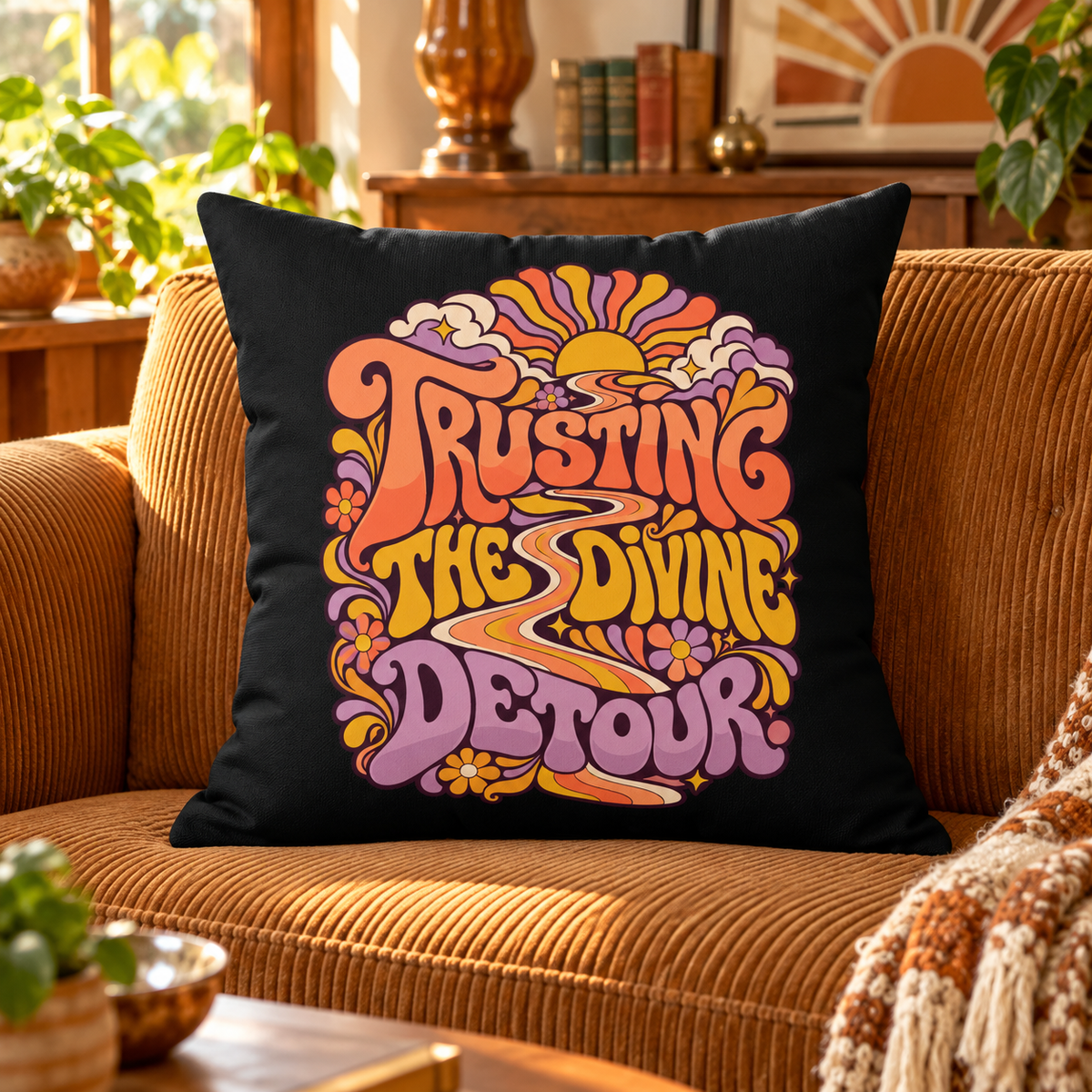 Trusting the divine detour. — retro-psychedelic — black pillow — lifestyle