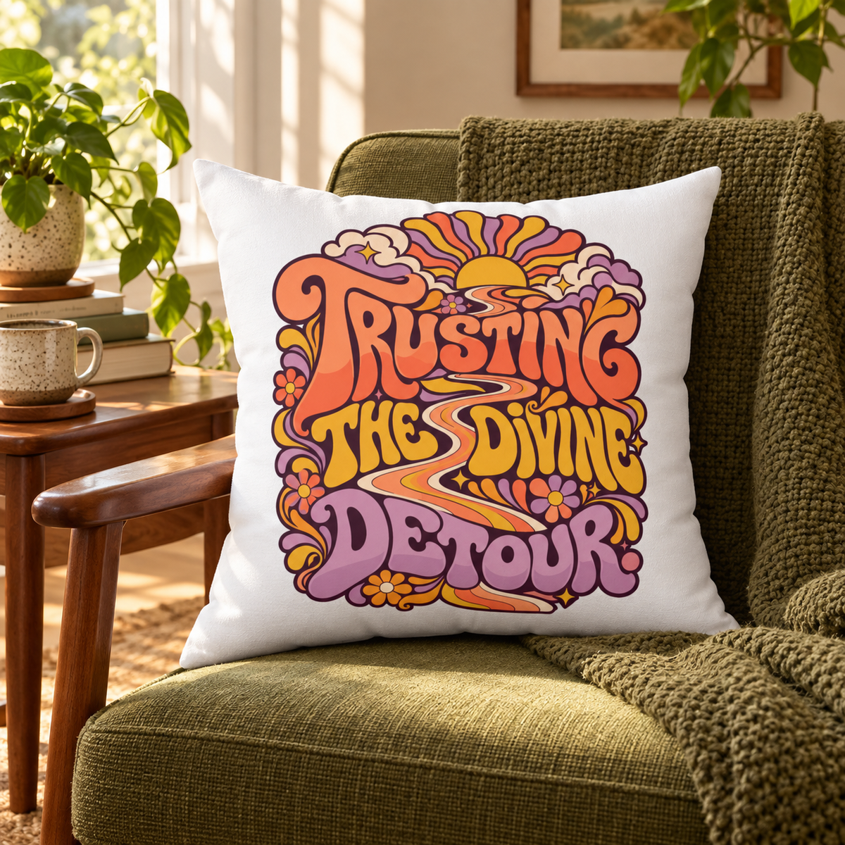 Trusting the divine detour. — retro-psychedelic — white pillow — lifestyle