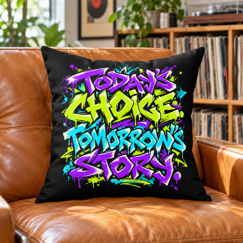 Today’s choice. Tomorrow’s story. — Graffiti & Street Art — black pillow — lifestyle