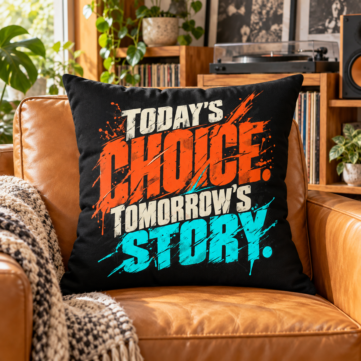 Today’s choice. Tomorrow’s story. — Grunge & Vibrant — black pillow — lifestyle
