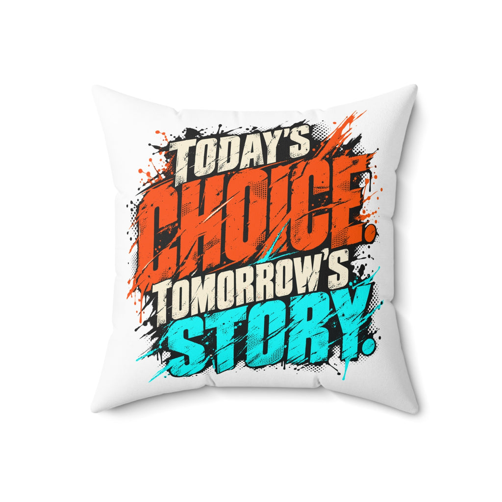 Today’s choice. Tomorrow’s story. — Grunge & Vibrant — white pillow — 18-front