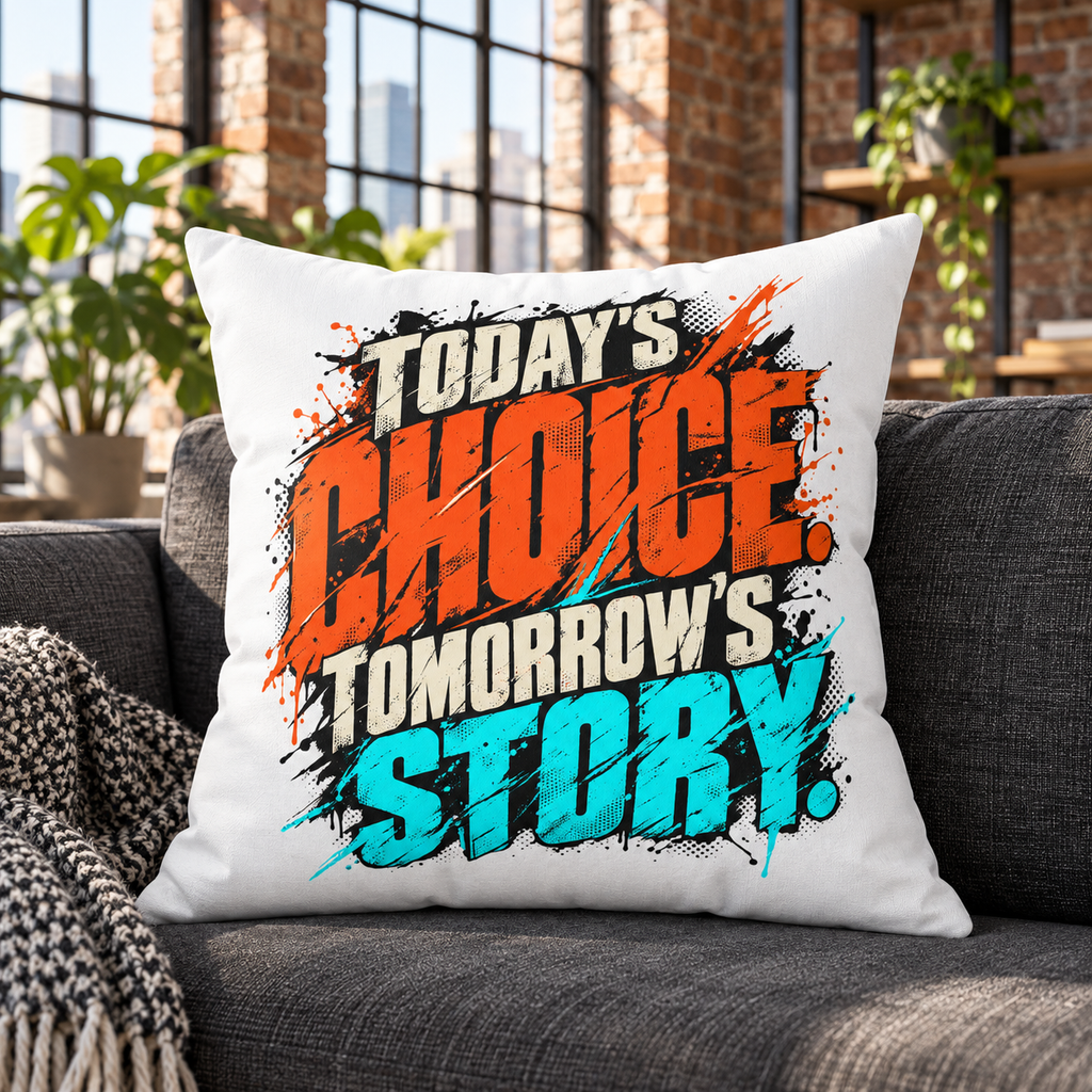 Today’s choice. Tomorrow’s story. — Grunge & Vibrant — white pillow — lifestyle