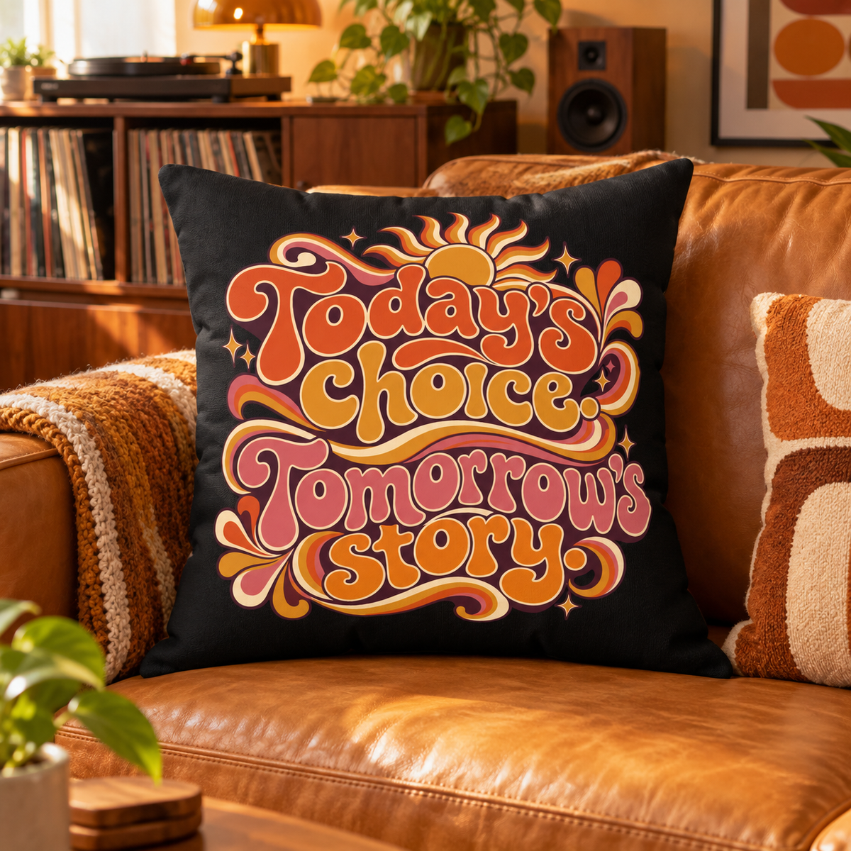 Today’s choice. Tomorrow’s story. — Retro & Psychedelic — black pillow — lifestyle