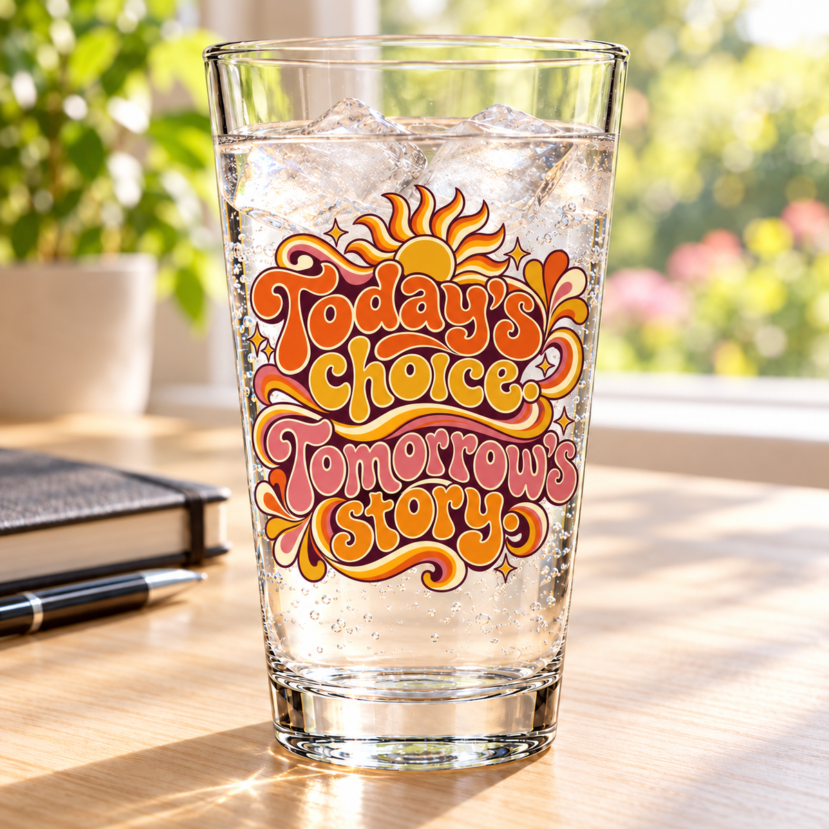 Today’s choice. Tomorrow’s story. — Retro & Psychedelic — pint glass — lifestyle