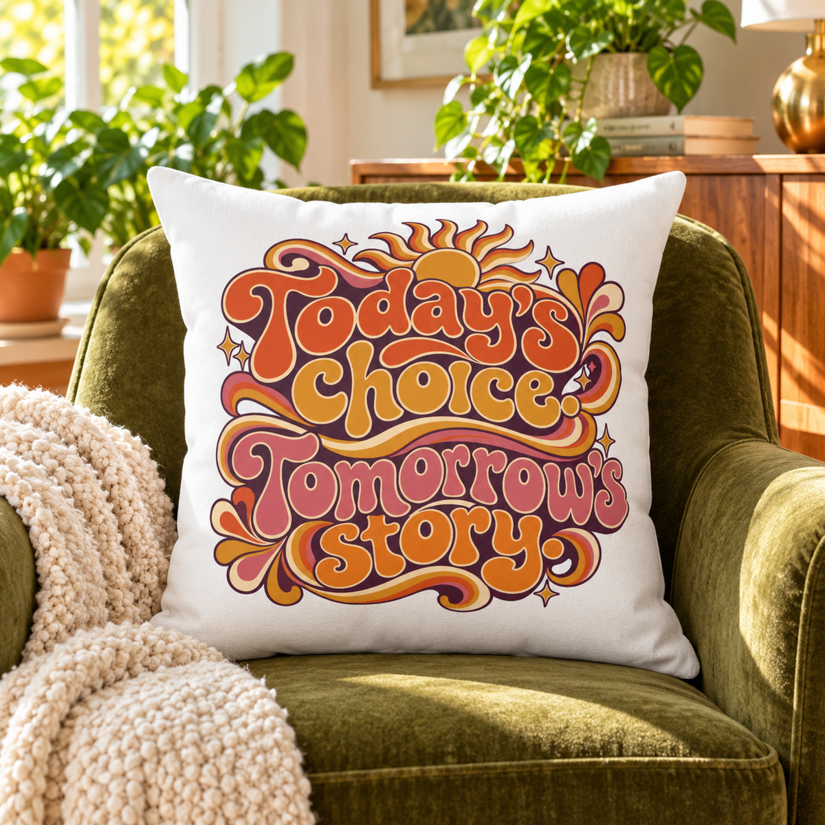 Today’s choice. Tomorrow’s story. — Retro & Psychedelic — white pillow — lifestyle