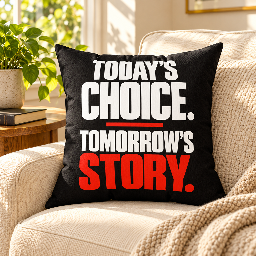 Today’s choice. Tomorrow’s story. Simple black pillow — lifestyle