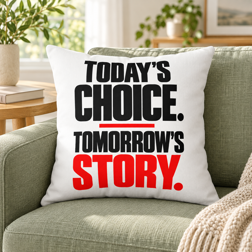 Today’s choice. Tomorrow’s story. Simple white pillow — lifestyle