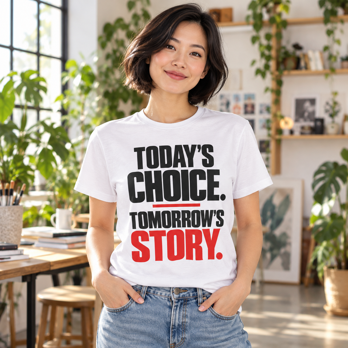 Today’s choice. Tomorrow’s story. — Simple & Direct — White — lifestyle