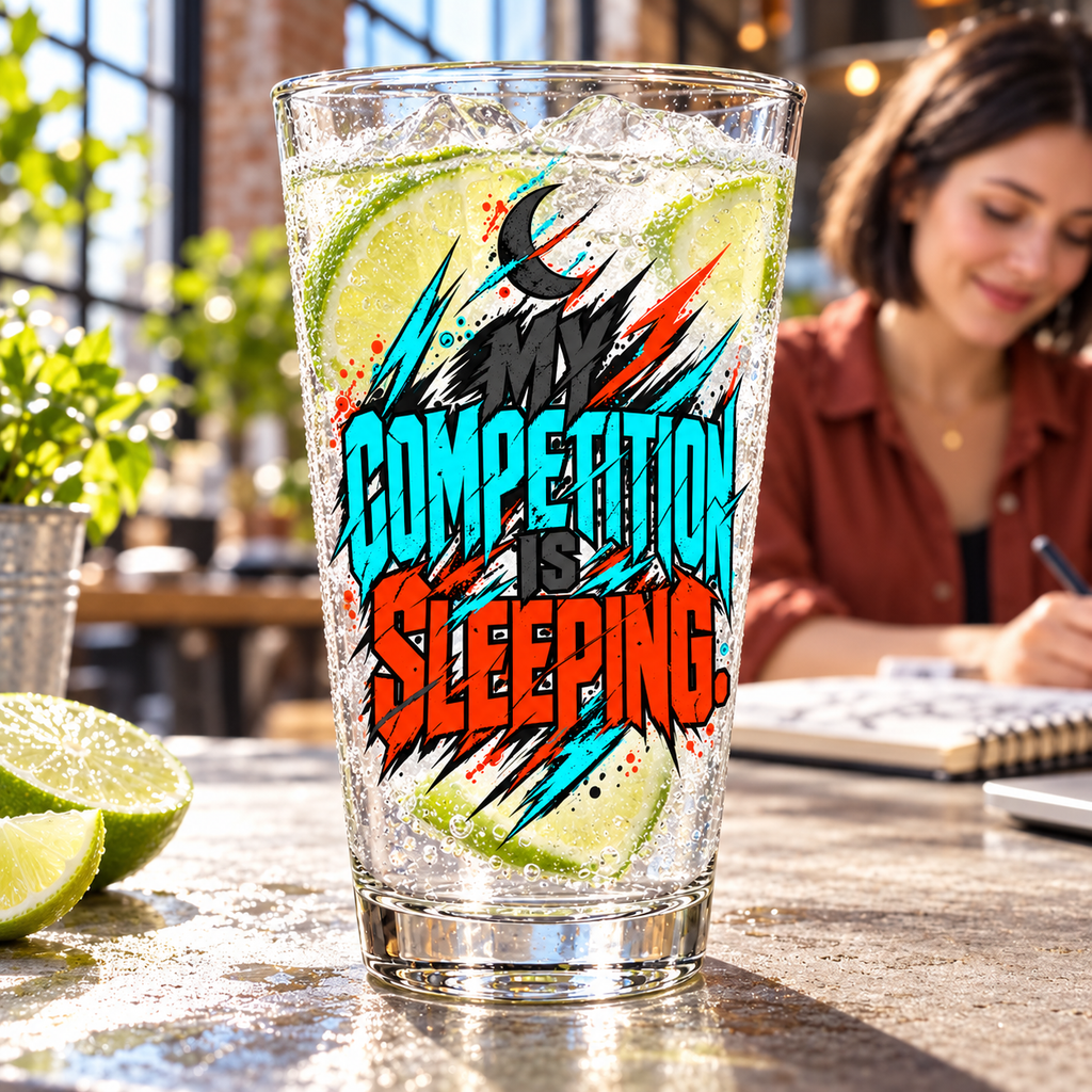 My Competition Is Sleeping. Pint Glass — Graffiti & Street Art — lifestyle with a tapered pint glass