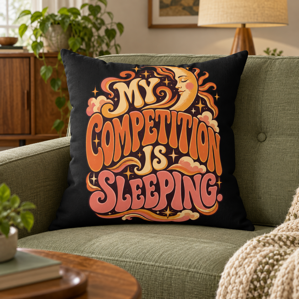 My Competition Is Sleeping. — black pillow — lifestyle