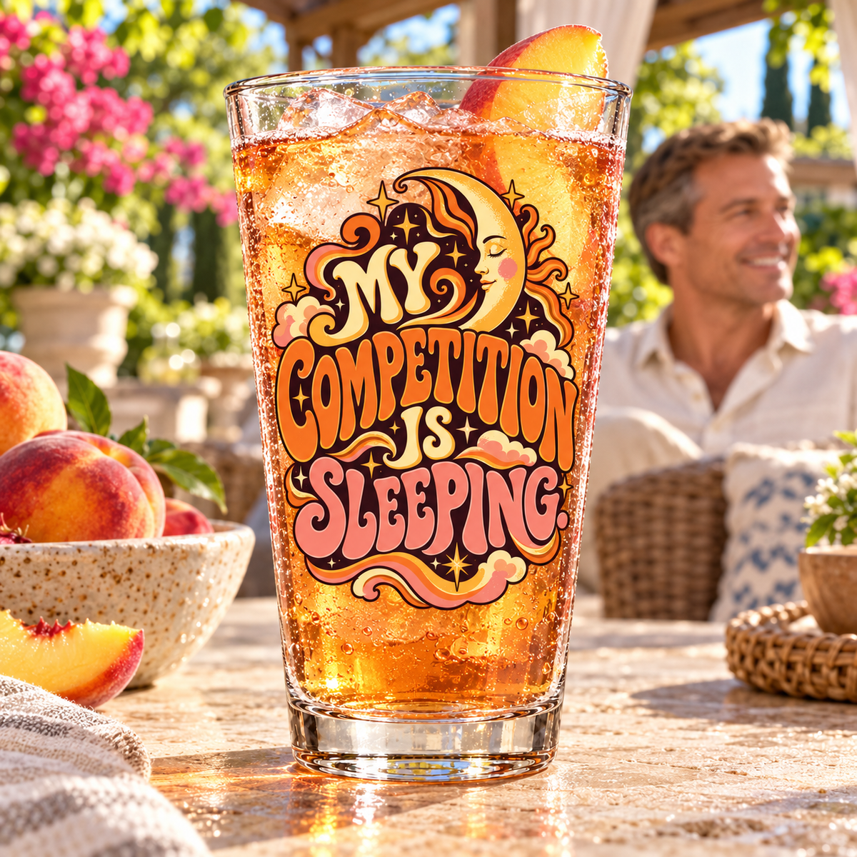 My Competition Is Sleeping. Pint Glass — Retro & Psychedelic — lifestyle with a tapered pint glass