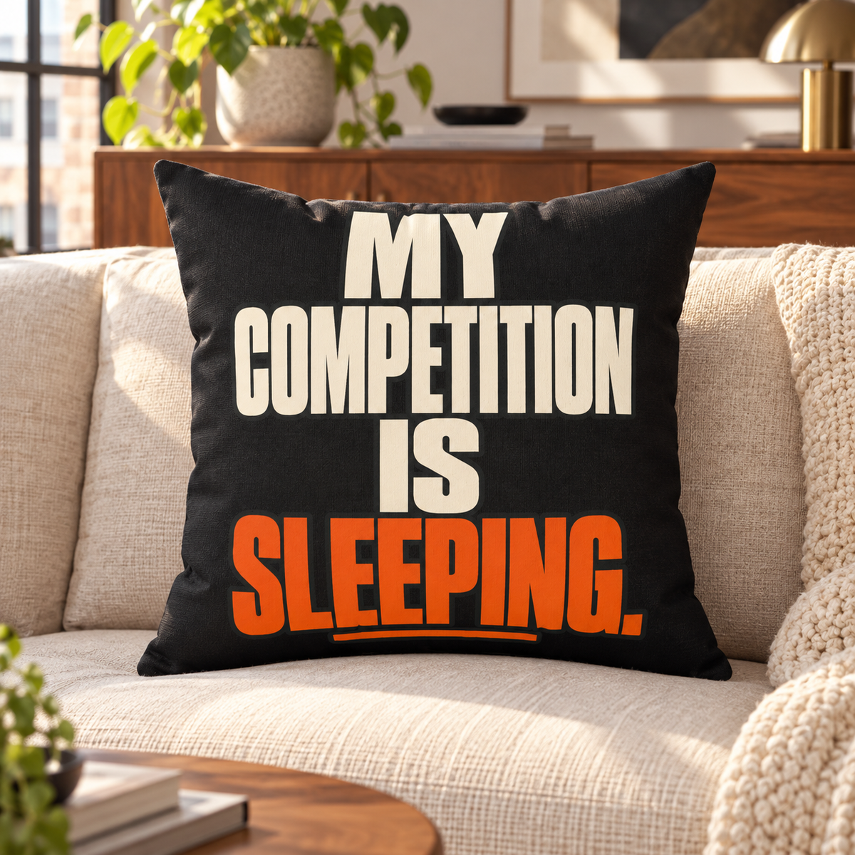 My competition is sleeping. — Simple & Direct — black pillow — lifestyle