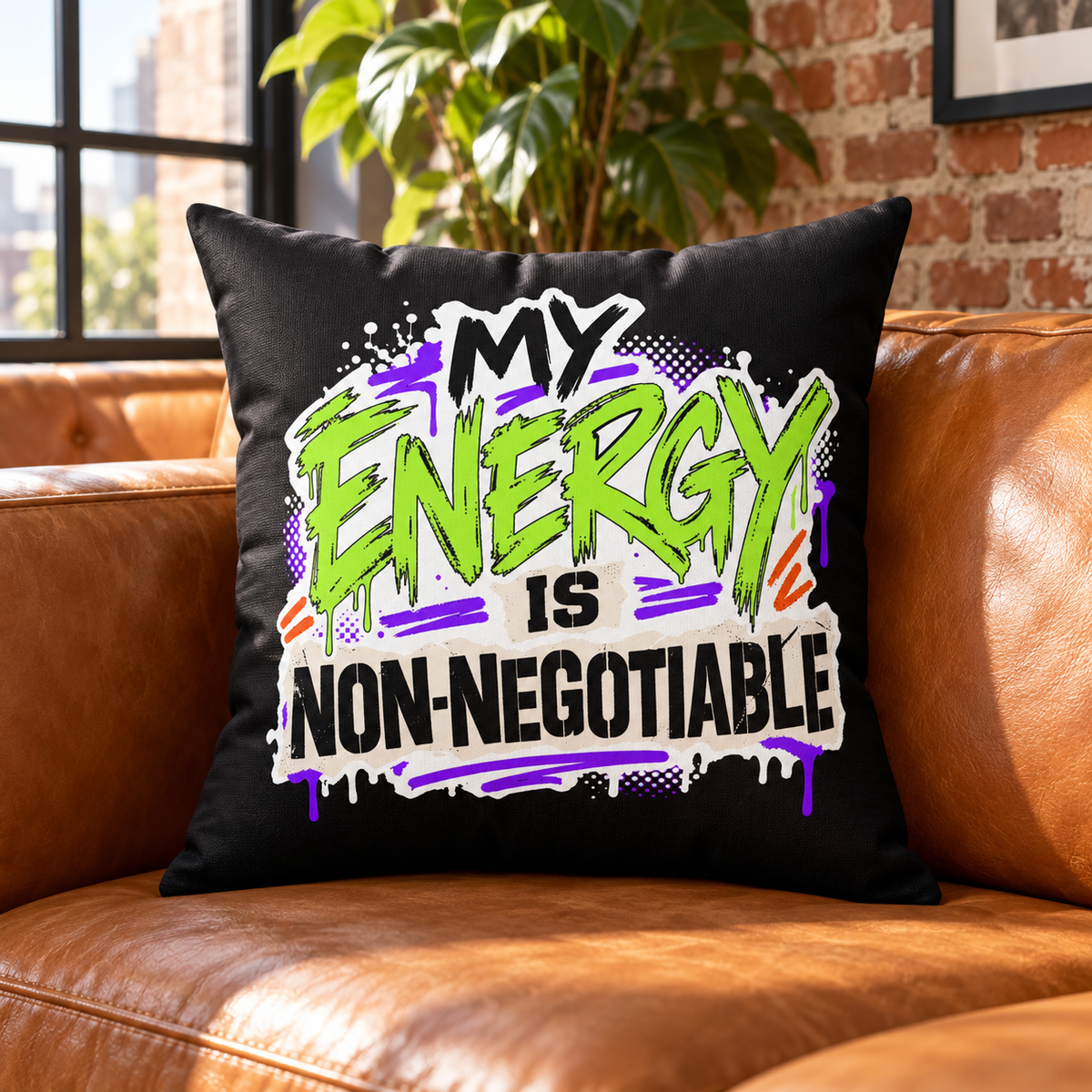 My Energy Is Non-Negotiable Graffiti & Street Art black pillow — lifestyle