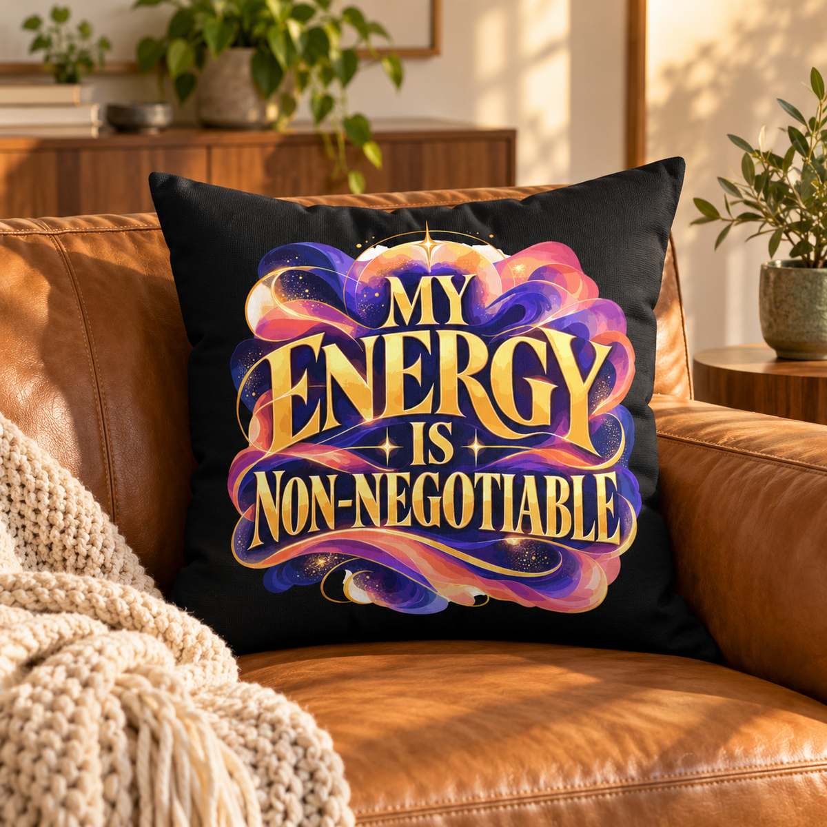 My Energy Is Non-Negotiable Inspirational & Artistic black pillow — lifestyle