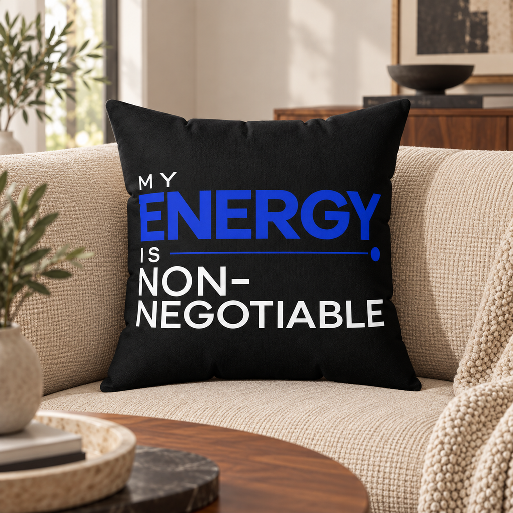 My Energy Is Non-Negotiable Modern & Minimalist black pillow — lifestyle