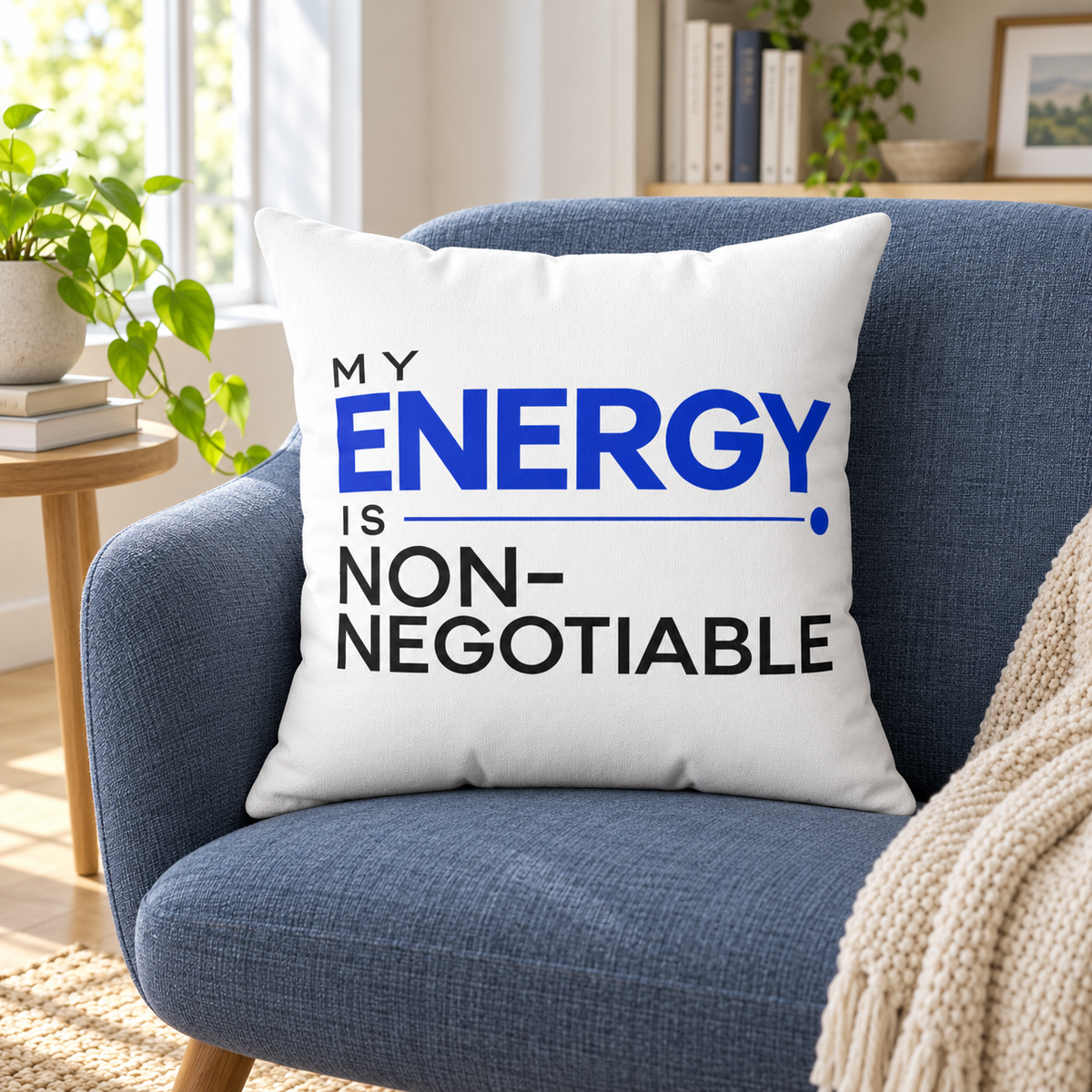 My Energy Is Non-Negotiable Modern & Minimalist white pillow — lifestyle