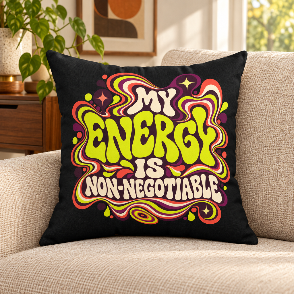 My Energy Is Non-Negotiable — Retro & Psychedelic black pillow lifestyle room photograph
