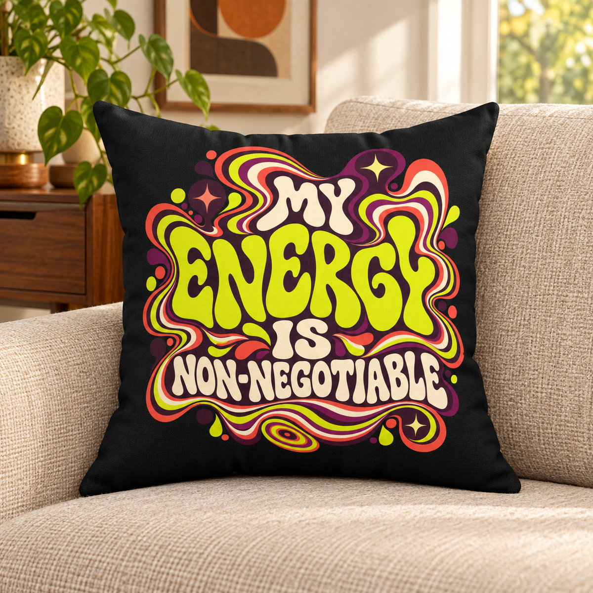 My Energy Is Non-Negotiable — Retro & Psychedelic black pillow lifestyle room photograph