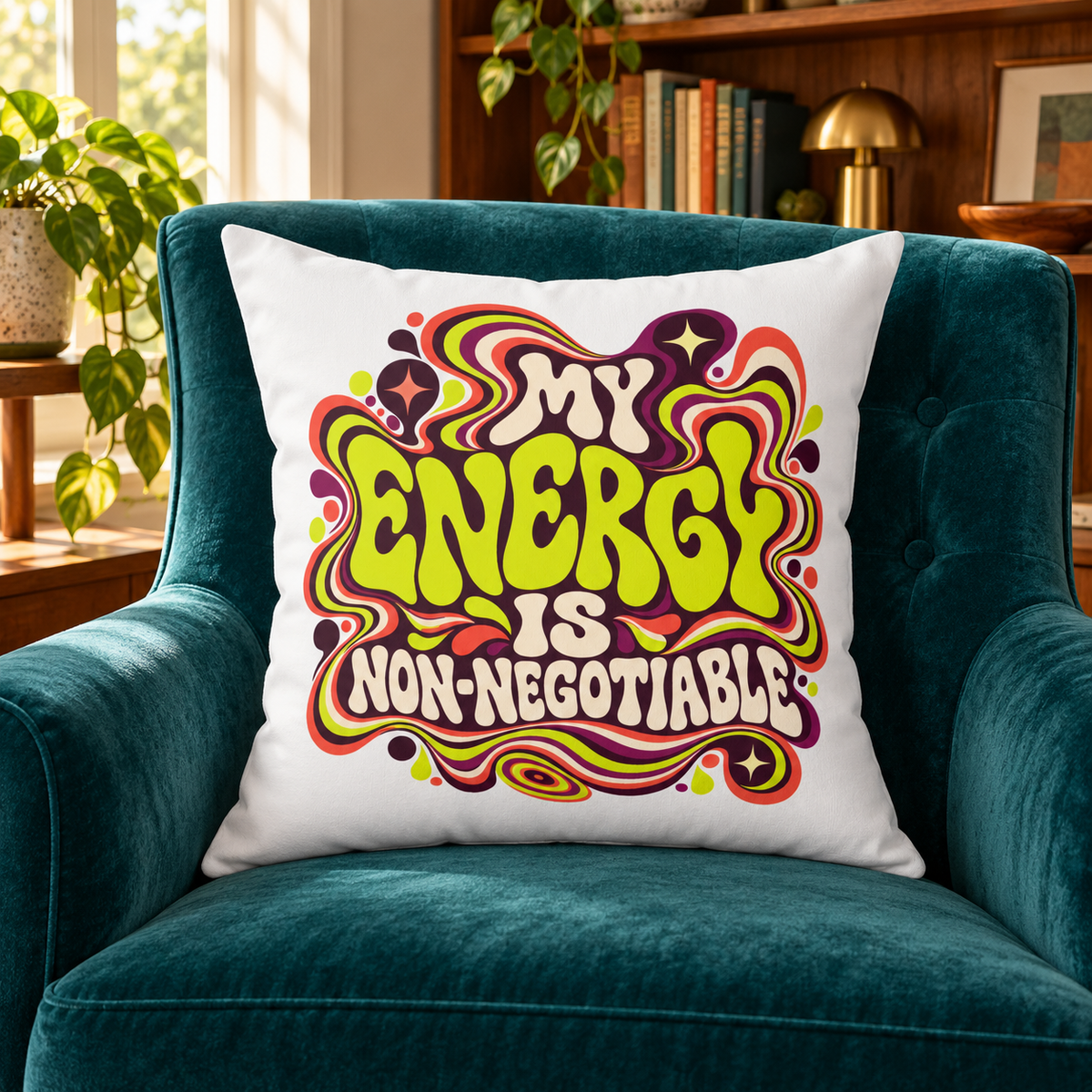 My Energy Is Non-Negotiable — Retro & Psychedelic white pillow lifestyle room photograph