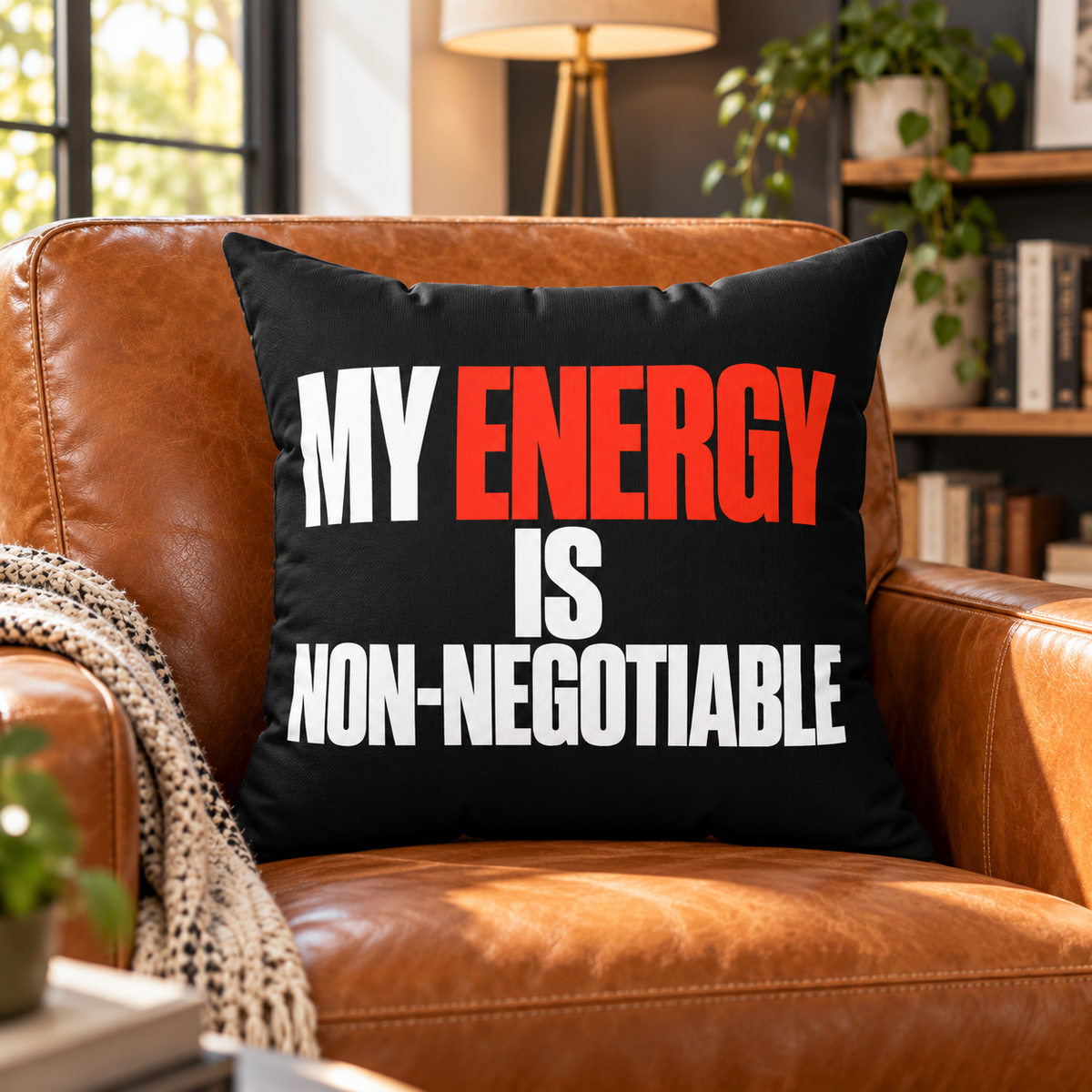 black Simple & Direct Energy pillow in a styled living room
