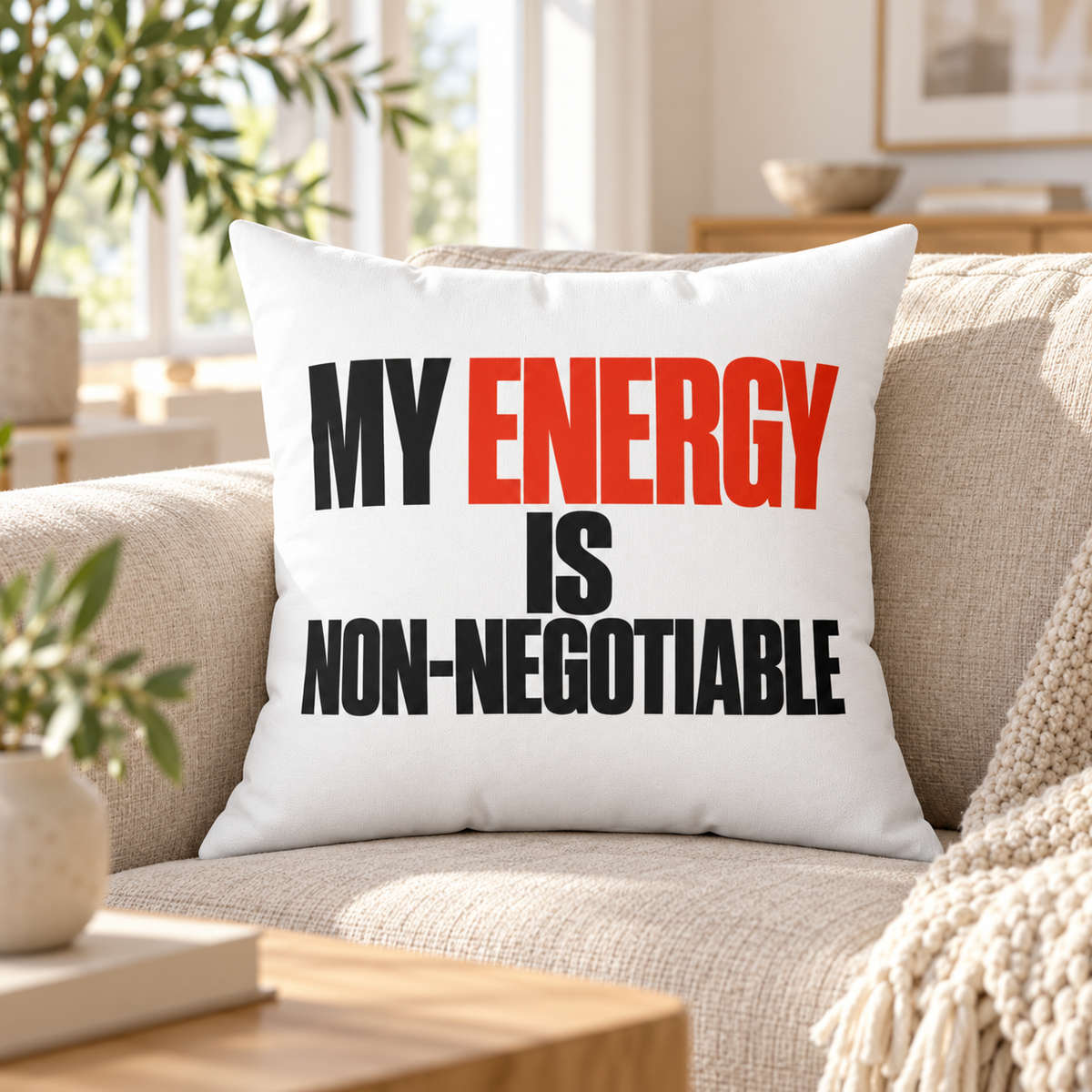 white Simple & Direct Energy pillow in a styled living room