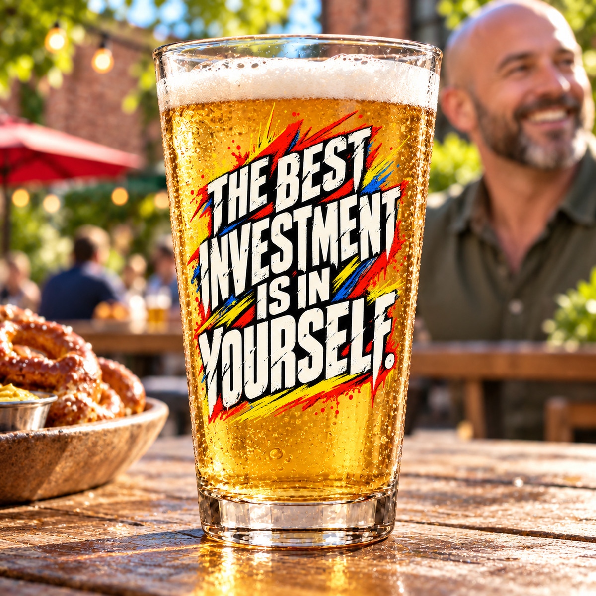 The Best Investment Is In Yourself. Pint Glass — Grunge & Vibrant — lifestyle with a tapered pint glass