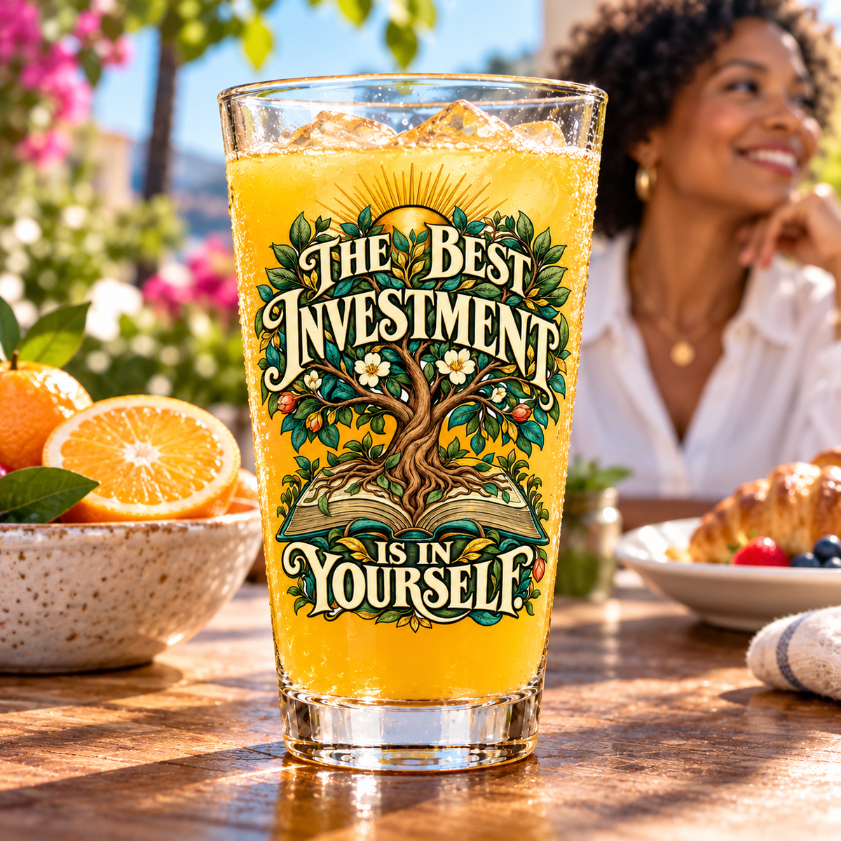 The Best Investment Is In Yourself. Pint Glass — Inspirational & Artistic — lifestyle with a tapered pint glass