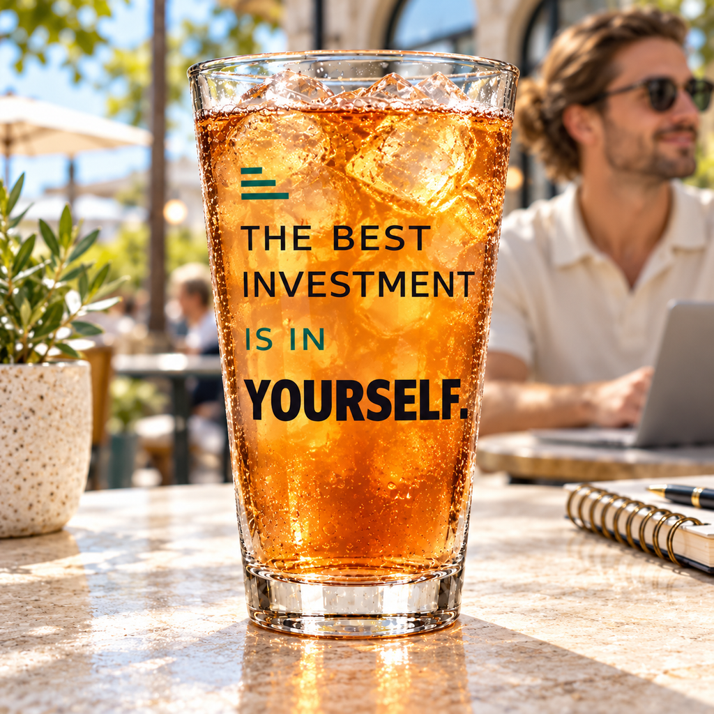 The Best Investment Is In Yourself. Pint Glass — Modern & Minimalist — lifestyle with a tapered pint glass