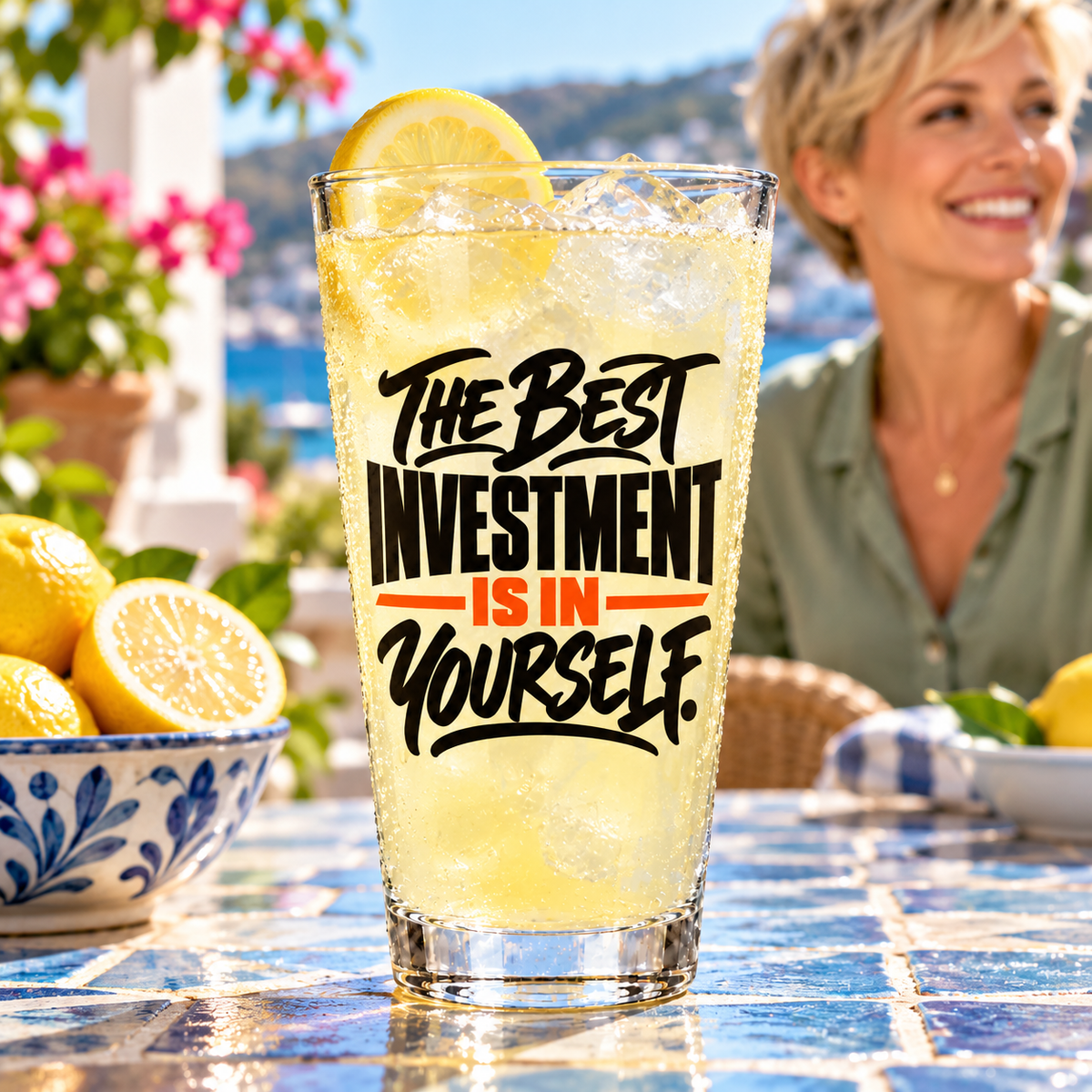 The Best Investment Is In Yourself. Pint Glass — Simple & Direct — lifestyle with a tapered pint glass