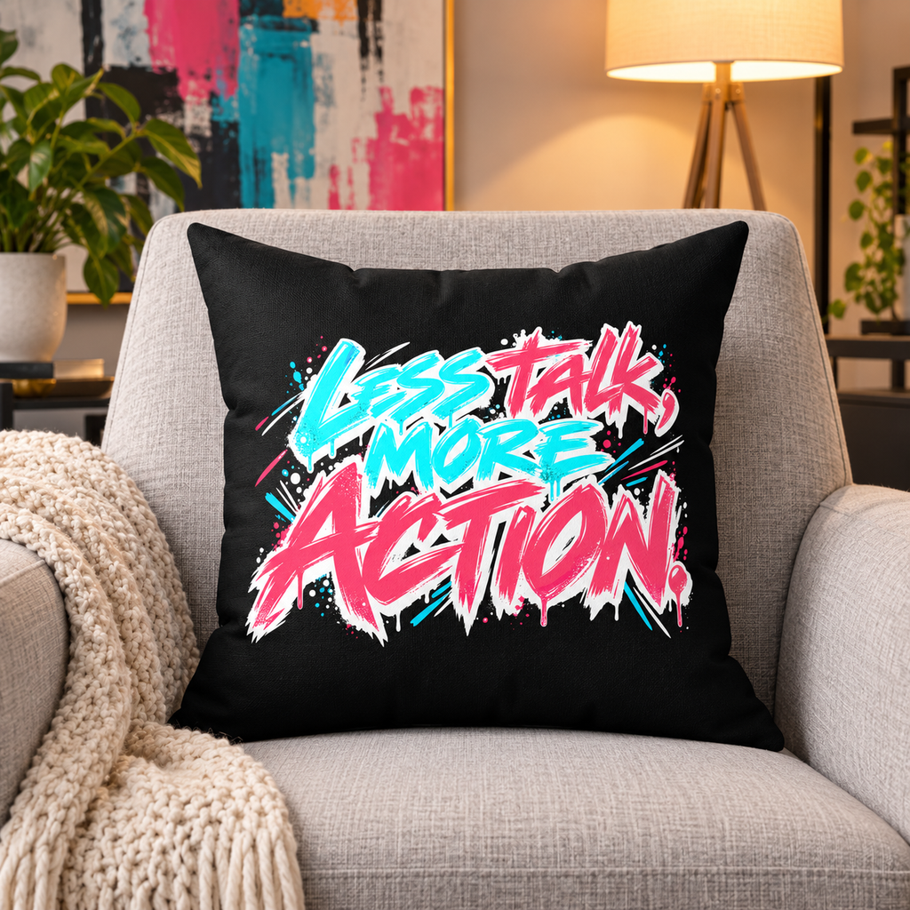 Less Talk, More Action. Graffiti black pillow — Lifestyle