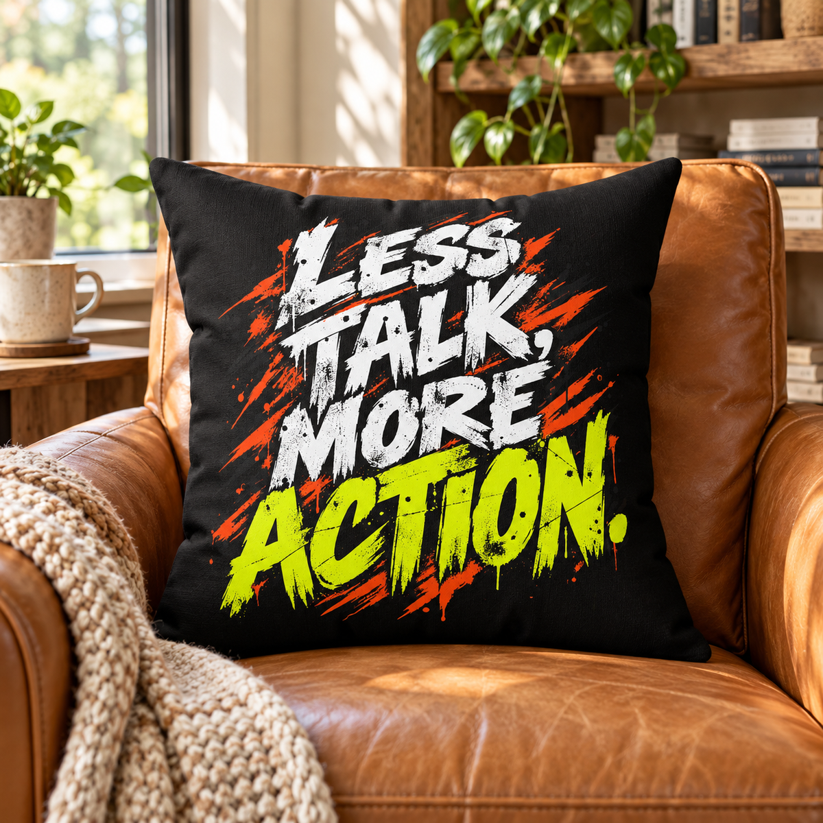 Less Talk, More Action. Grunge black pillow — Lifestyle