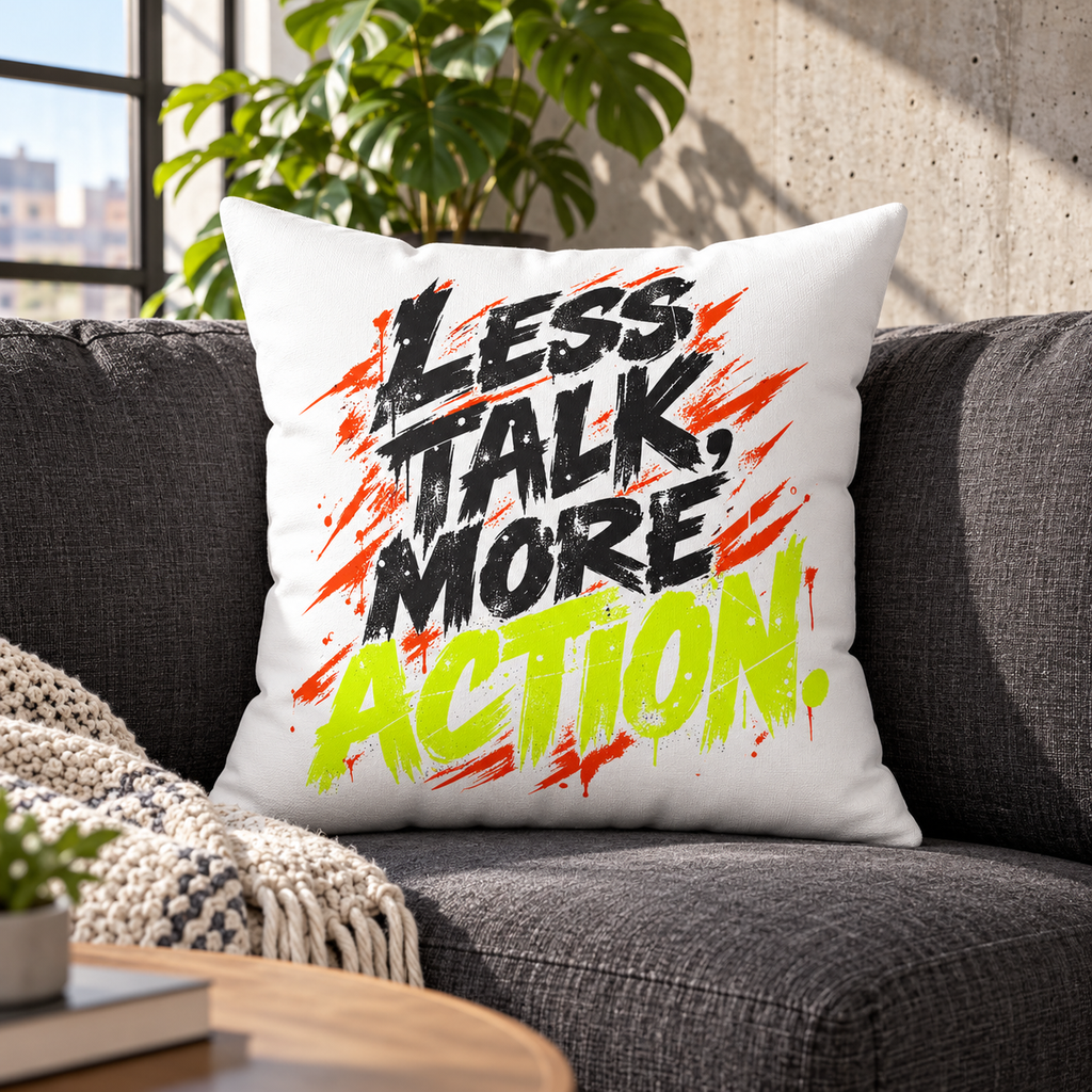 Less Talk, More Action. Grunge white pillow — Lifestyle