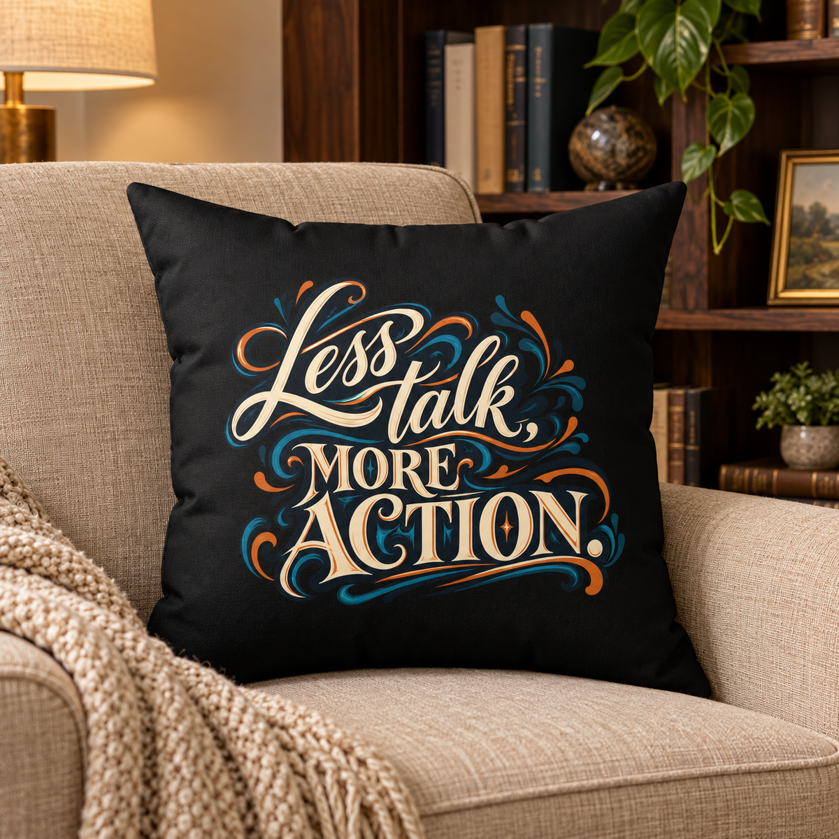 Less Talk, More Action. Inspirational black pillow — Lifestyle